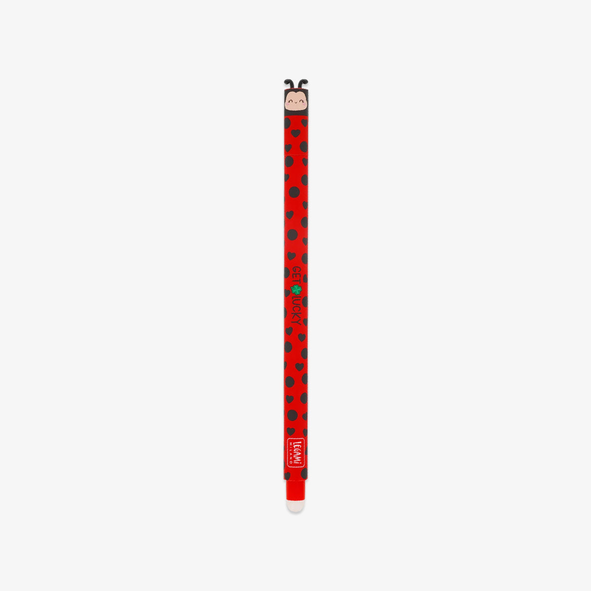 Red pencil with black polka dots and a ladybug design
