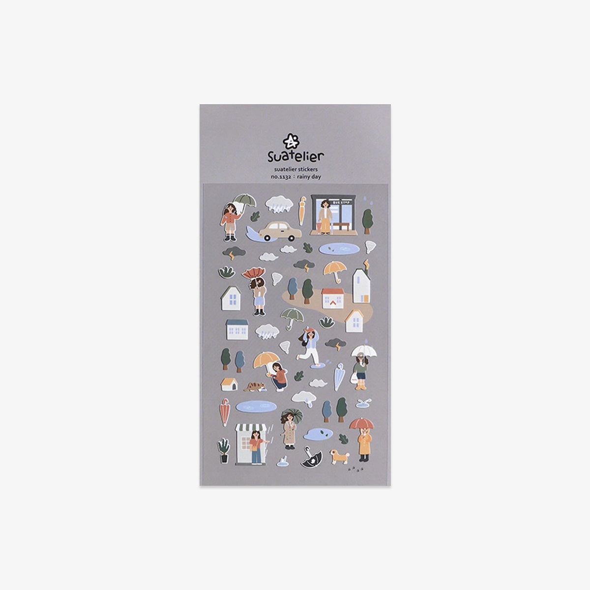 Sheet of small rain inspired illustrated stickers with people and objects