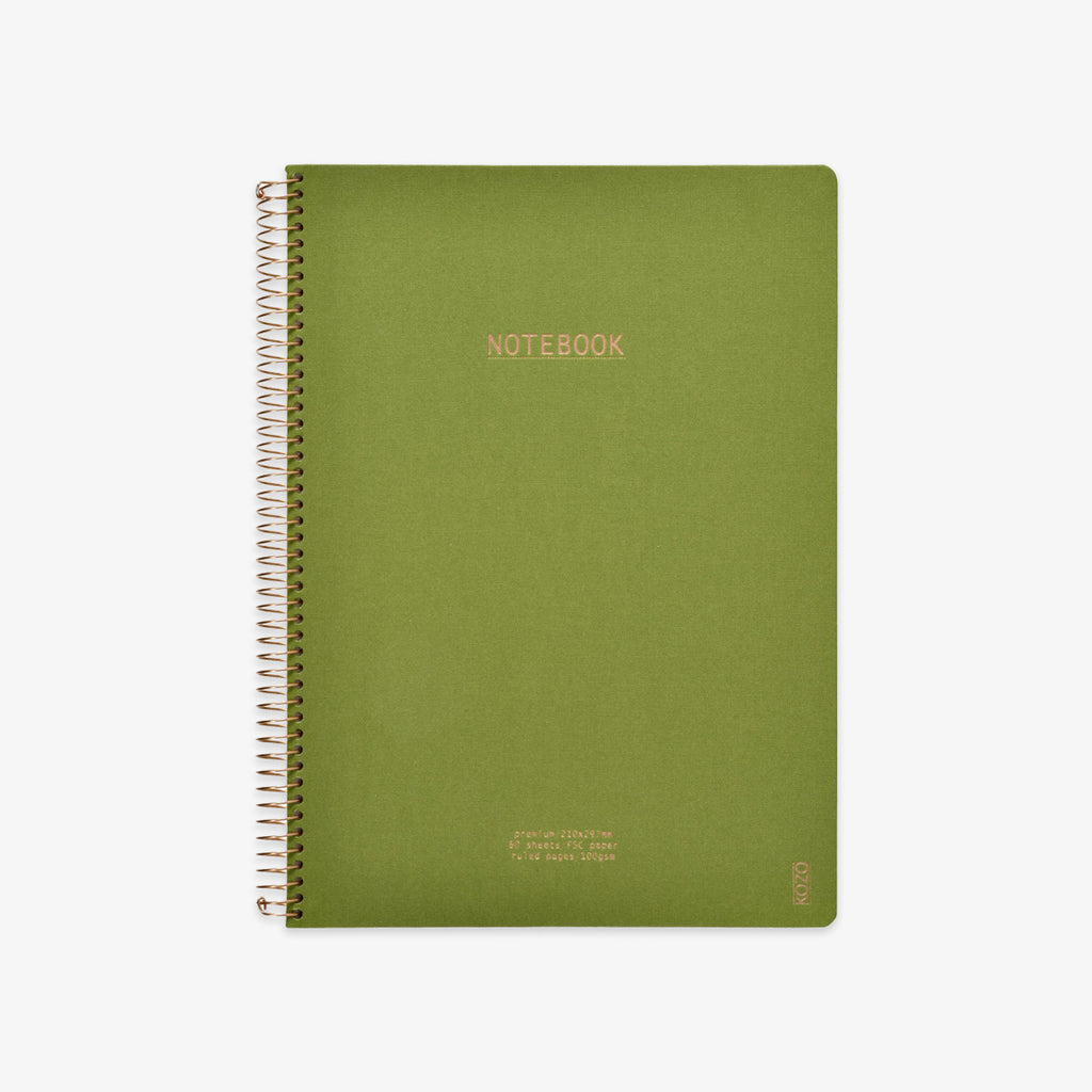 Green notebook with spiral binding on a white background