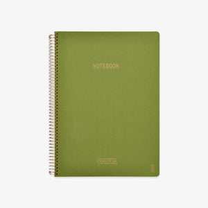 Green notebook with spiral binding on a white background