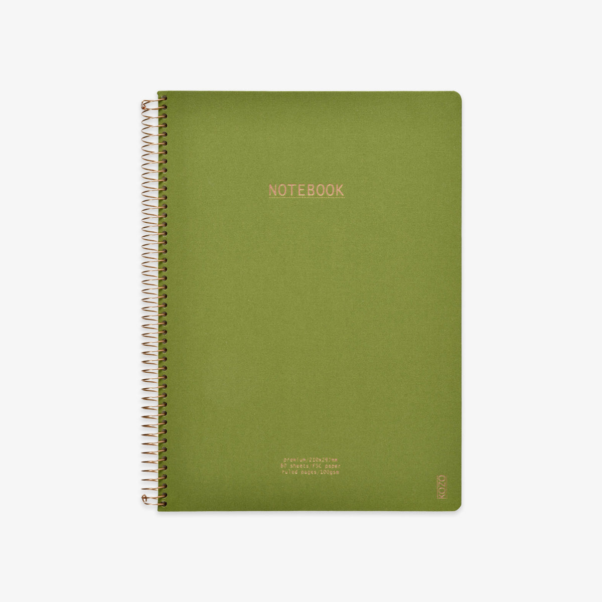 Green notebook with spiral binding on a white background