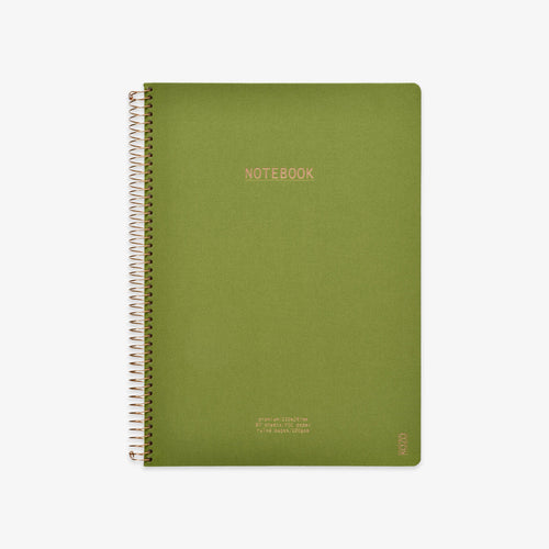 Green notebook with spiral binding on a white background