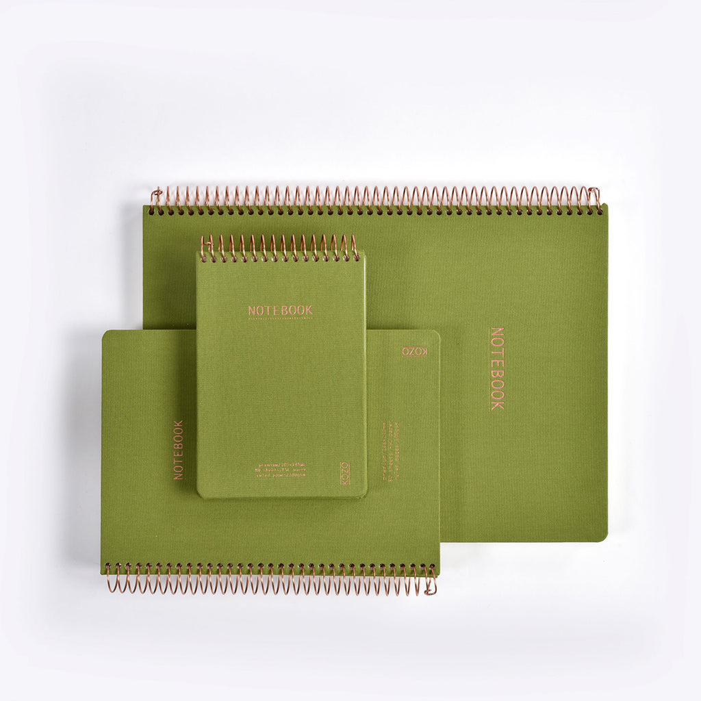 Set of green spiral-bound notebooks on a white background