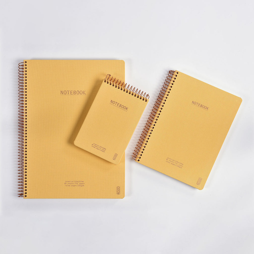 Three yellow notebooks with spiral binding on a white background