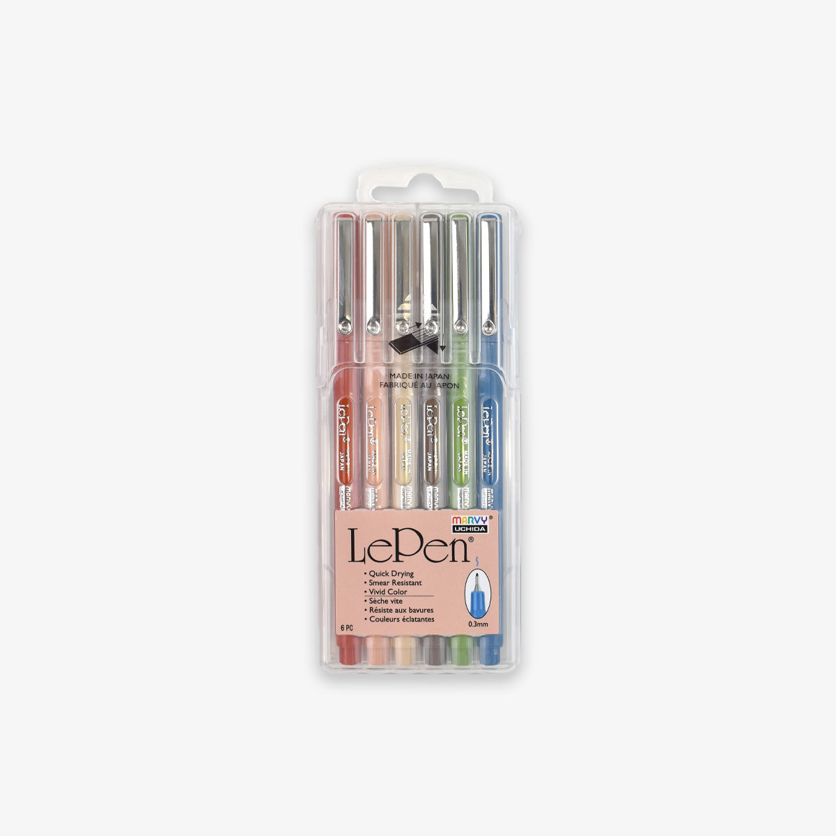 Set of LePen pens in a clear packaging on a white background