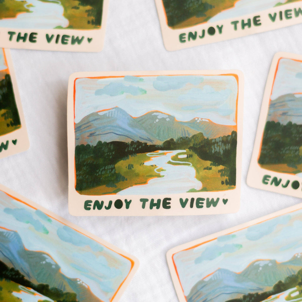 Stickers with nature scenes and 'Enjoy the View' text on a white background