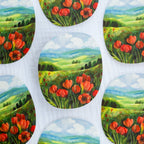 Vinyl stickers with red tulips and green fields.