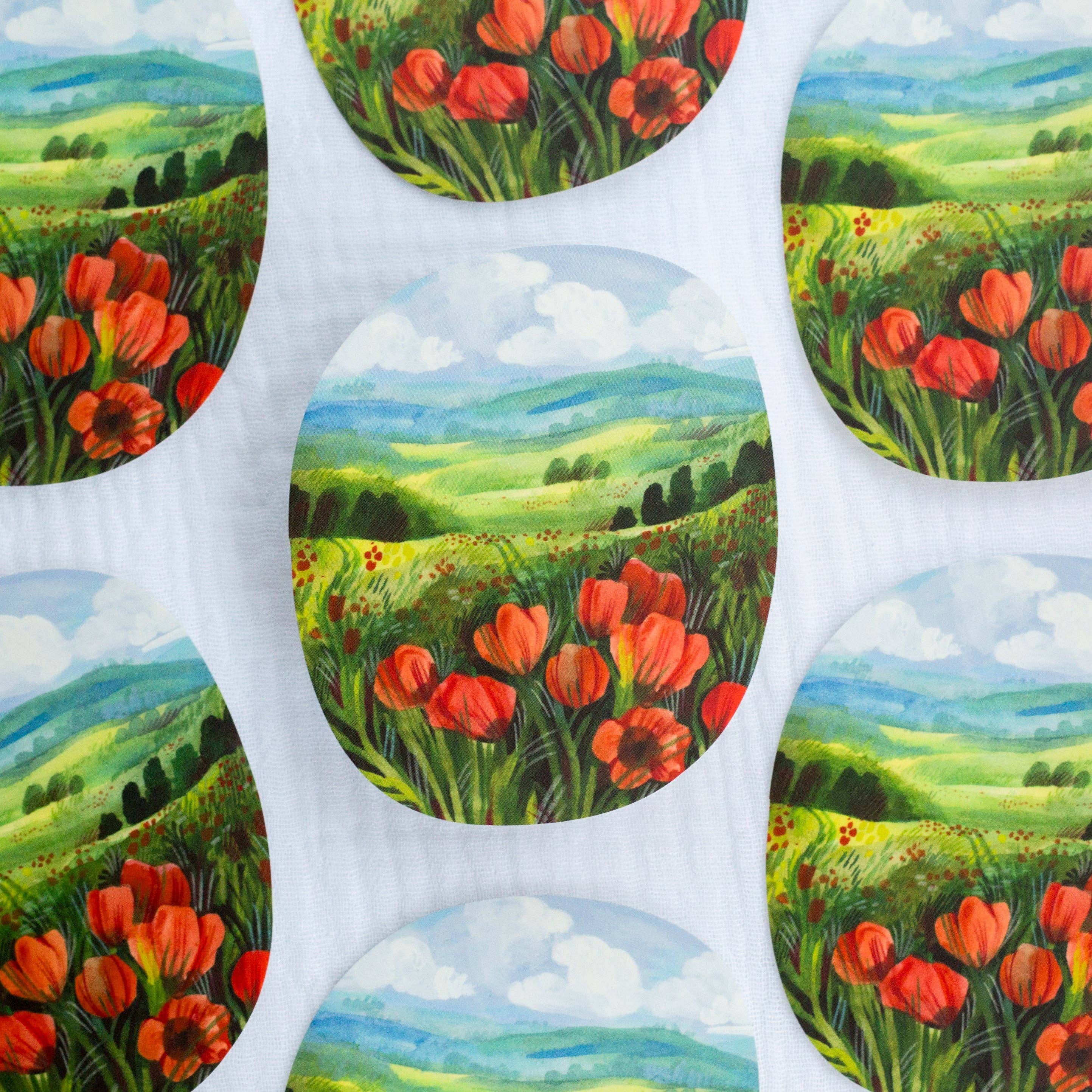 Vinyl stickers with red tulips and green fields.