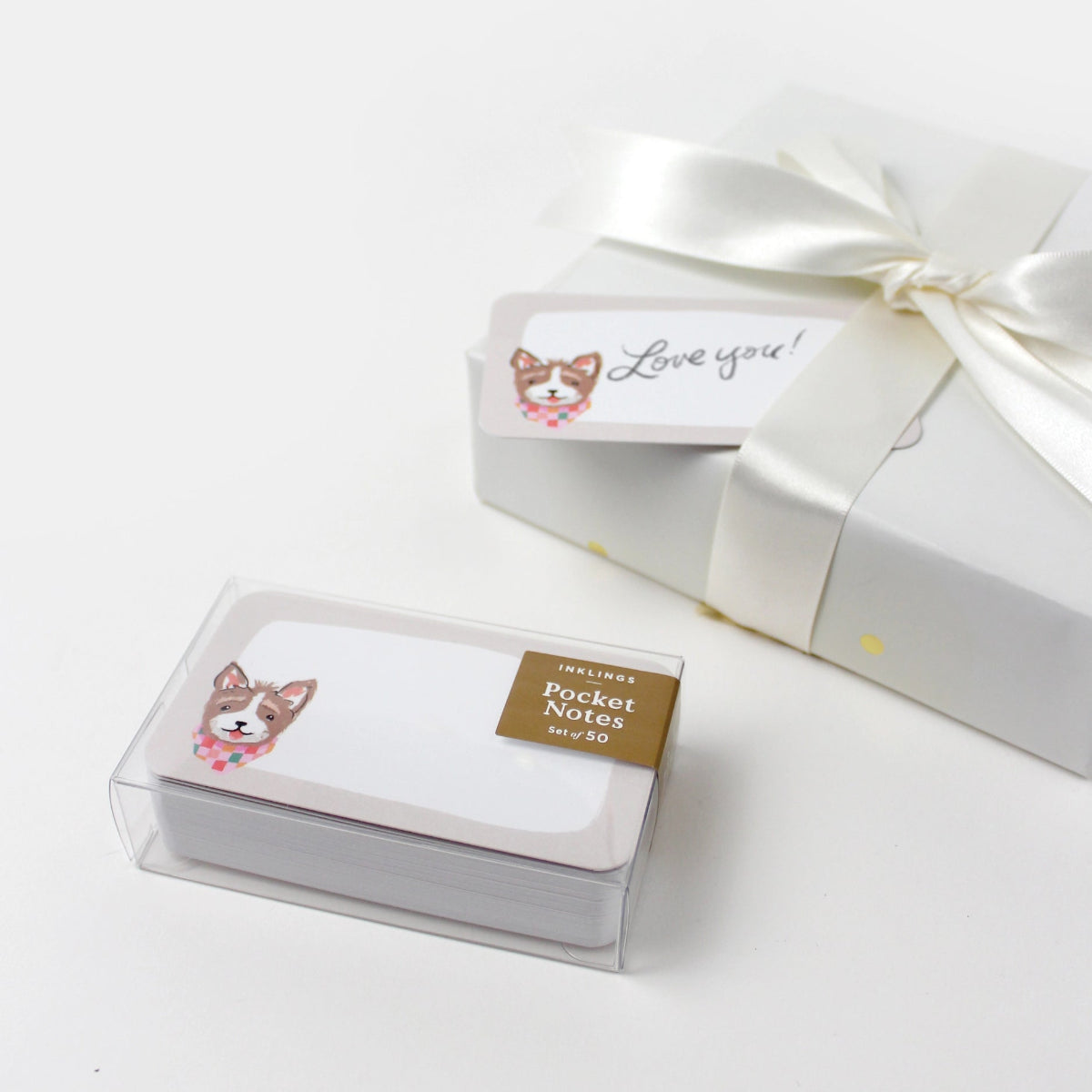 Pocket notes with dog illustration in a clear box on a white background