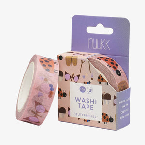 A roll of washi tape with a floral and butterfly pattern, placed next to its packaging that reads 'WASHI TAPE' and 'Butterflies'.