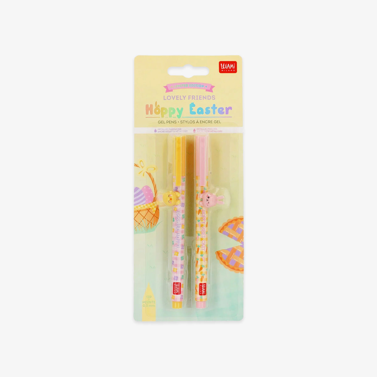 Two gel pens in packaging with Easter design on a white background