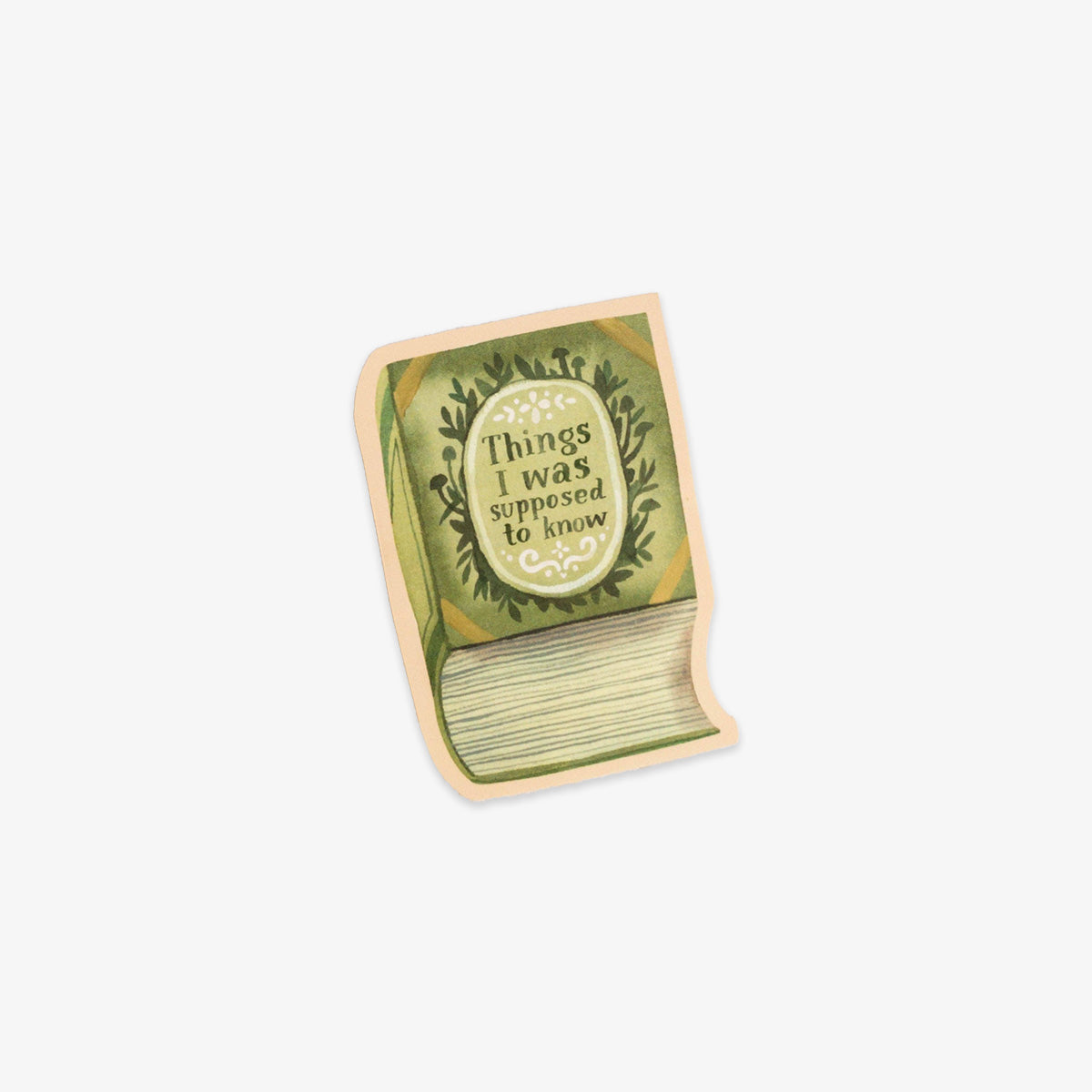 Book-shaped vinyl sticker with 'Things I was supposed to know' text on a white background