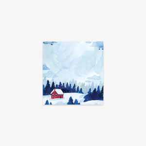 Winter scene with a red cabin and snow-covered landscape sticky note