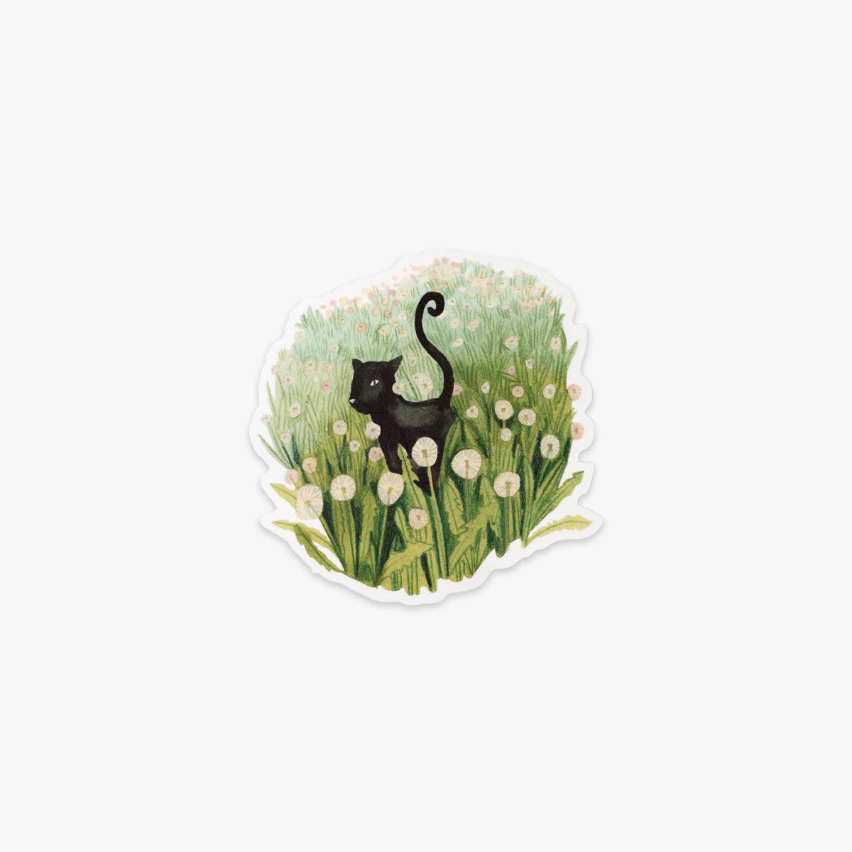 Sticker of a black cat in a field of flowers on a white background