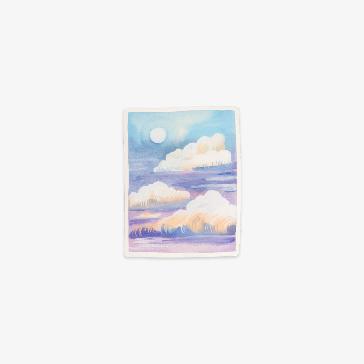 Vinyl sticker with an illustration of clouds and a moon in a pastel color palette on a white background