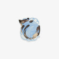 Vinyl sticker of a cat wrapped in blue yarn on a light blue background