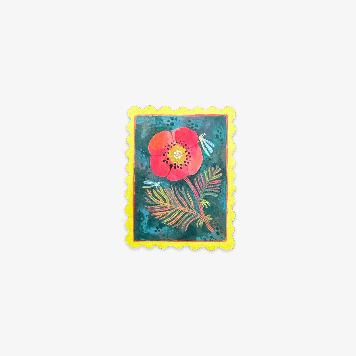 A rectangular postage stamp-style art print with a scalloped yellow border, featuring a red flower and green leaves on a textured teal background, centered on a light gray backdrop.