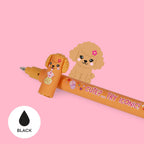 A erasable gel pen with a cartoon dog design and with 'CUTE?... TRY ICONIC!' text on a pink background