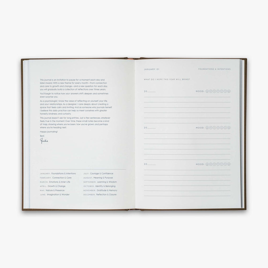Open book from our Three Year Journal with short description of the purpose of the book and the daily prompts on a white background