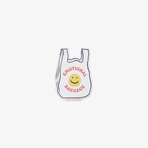 Vinyl Sticker of White plastic bag with 'Emotional Baggage' text and smiley face on a white background