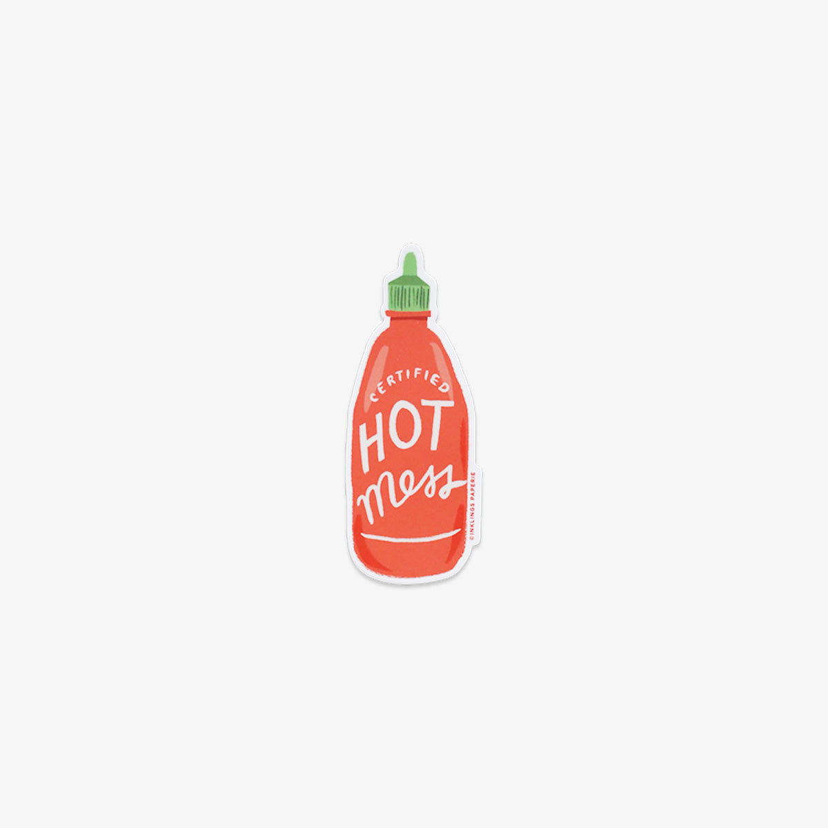 Vinyl Sticker of Red hot sauce bottle with green cap labeled 'Certified Hot Mess' on a white background