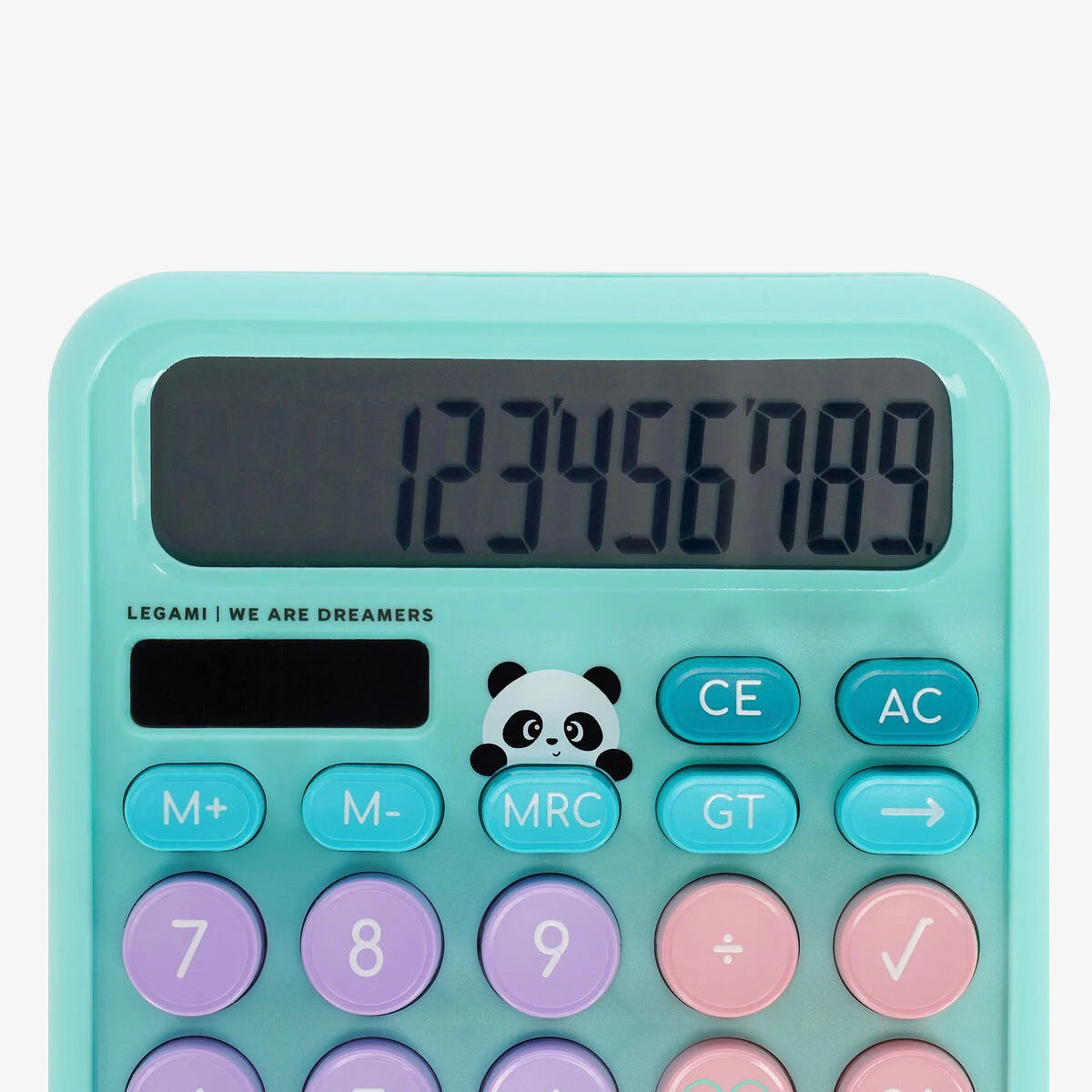Turquoise calculator with colorful buttons on a white background