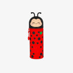 Red pencil case with black ladybug pattern
