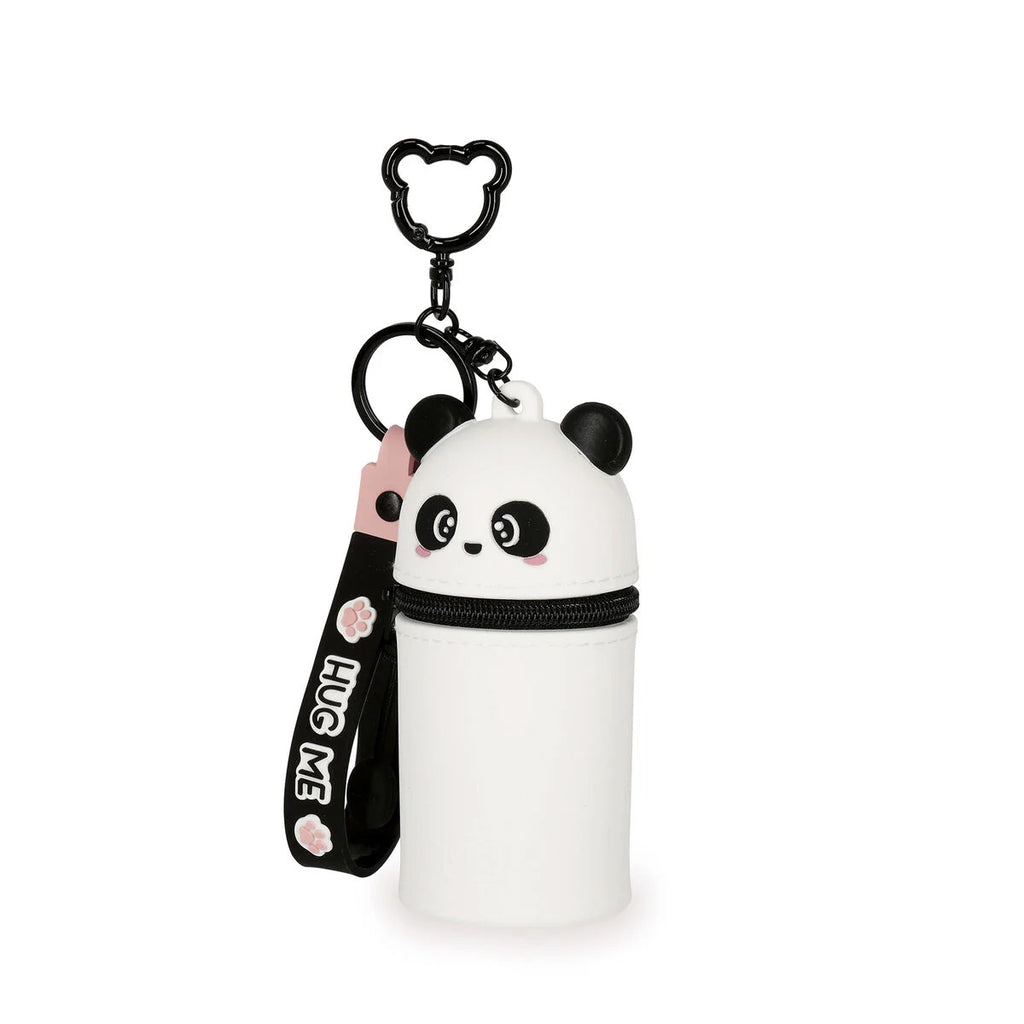 Panda-shaped keychain with a black strap on a white background