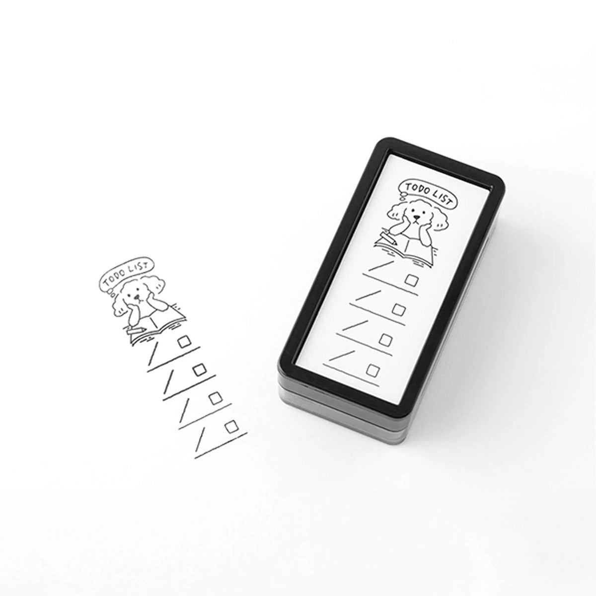 Rectangular stamp with a dog and checkmark design 
