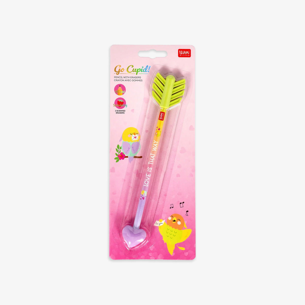 Two colorful arrow-shaped pencils in packaging with a pink background