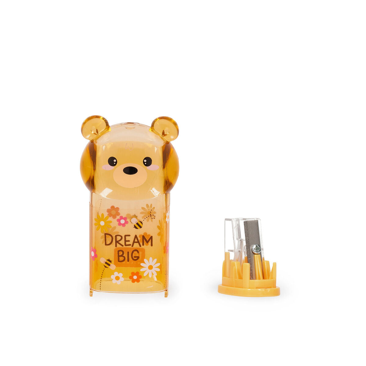 Cute bear-shaped pencil sharpener with 'Dream Big' text on a white background