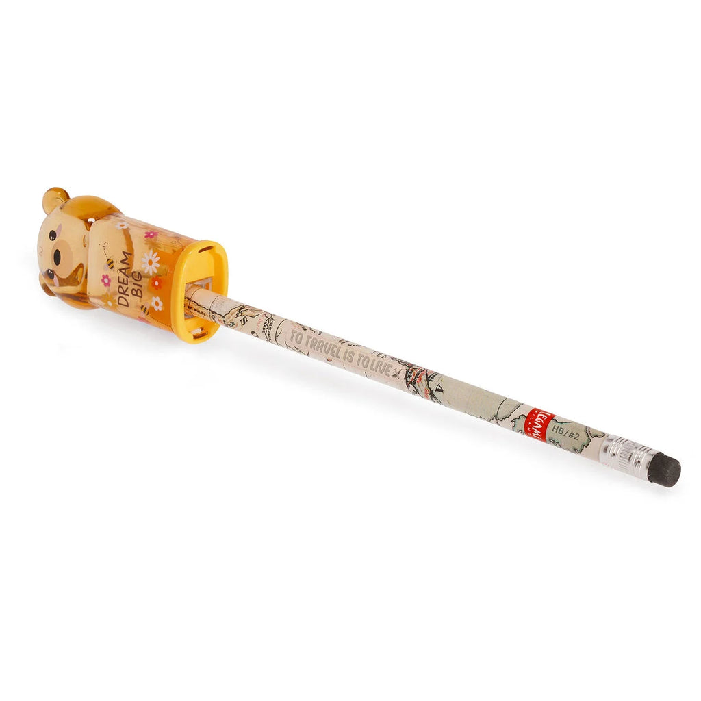Pencil with a bear-shaped pencil sharpener on a white background