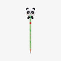 A green pencil with a cute squishy panda bear on top of the pencil holding bamboo, shown against a plain light gray background.