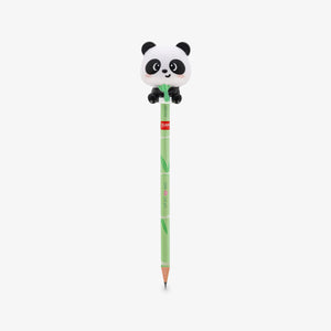 A green pencil with a cute squishy panda bear on top of the pencil holding bamboo, shown against a plain light gray background.