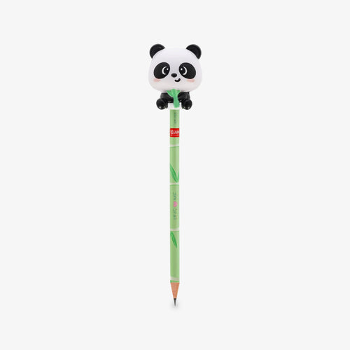 A green pencil with a cute squishy panda bear on top of the pencil holding bamboo, shown against a plain light gray background.