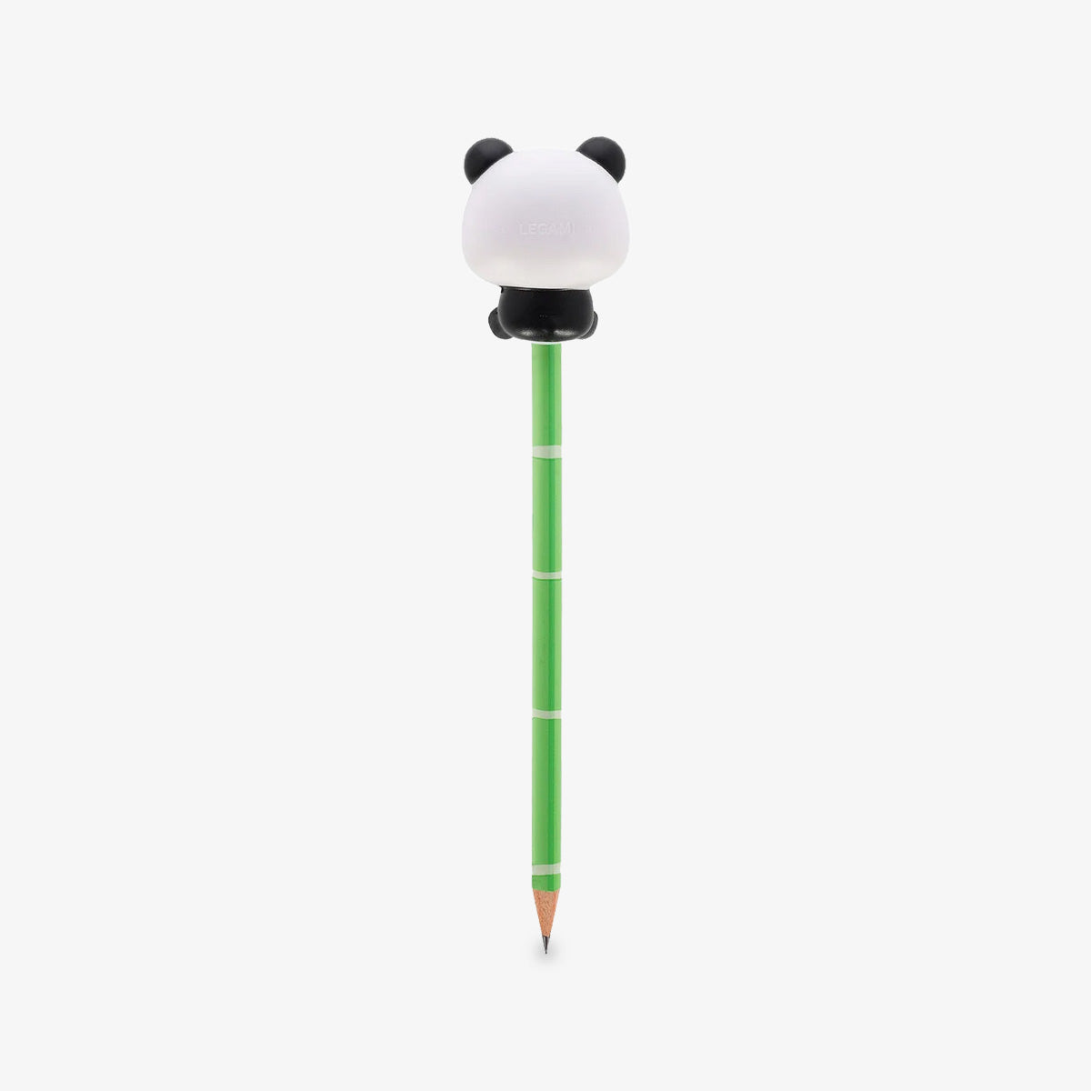 A green pencil with a cute squishy panda bear on top of the pencil from the back, shown against a plain light gray background.
