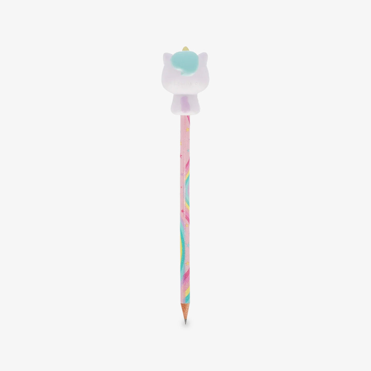 A pastel-colored pencil with a the back of a cute cartoon unicorn squishy character on top, set against a plain light gray background.