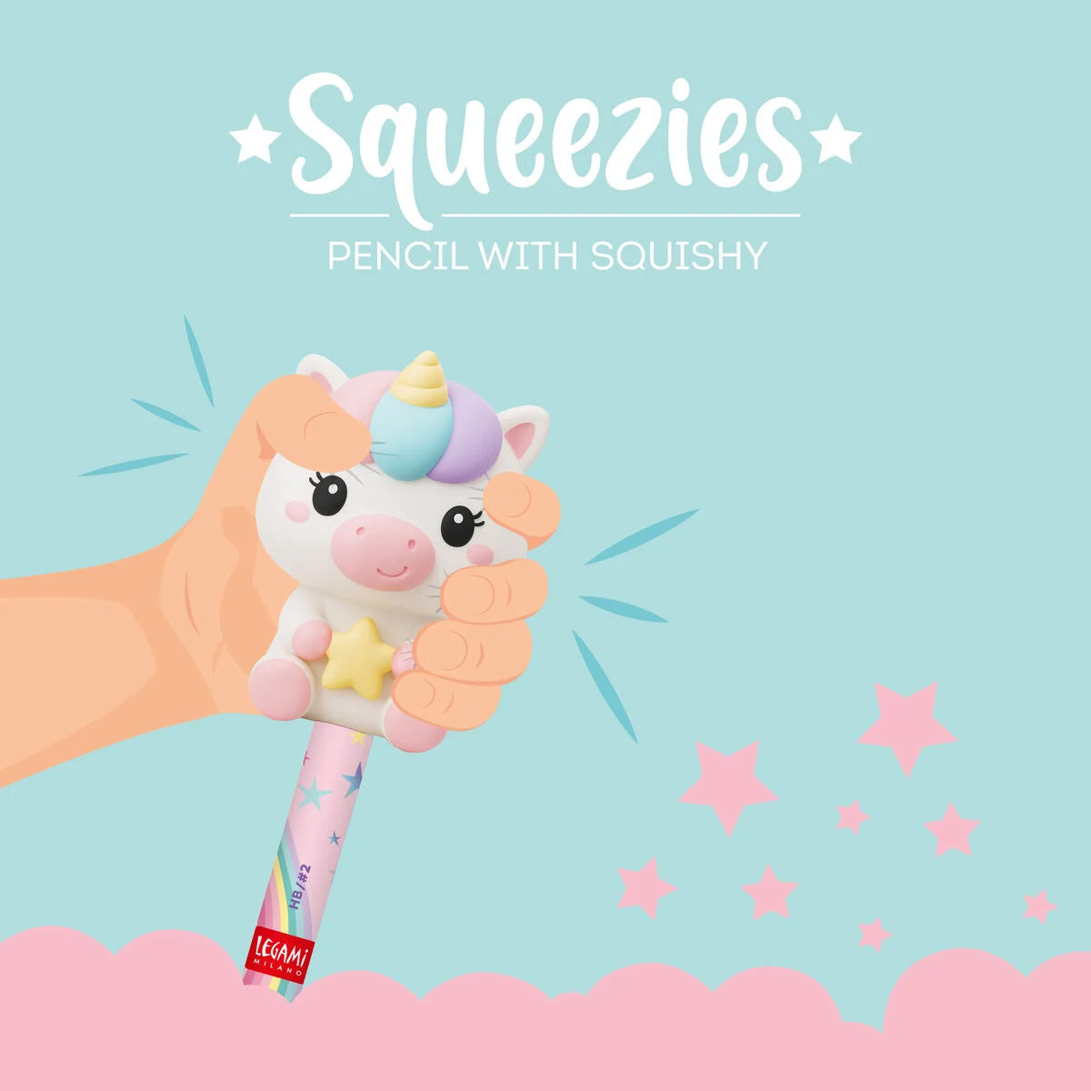 Unicorn-shaped pencil with squishy texture held by a hand on a light blue background with stars.