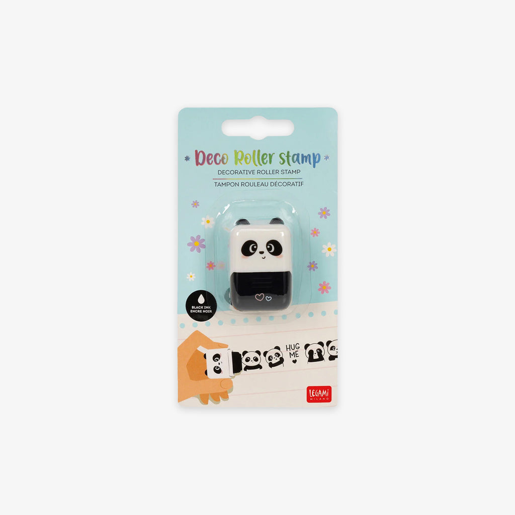 Decorative roller stamp with panda design on a grey background