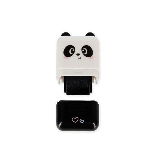 Panda-shaped black and white roller stamp on a white background