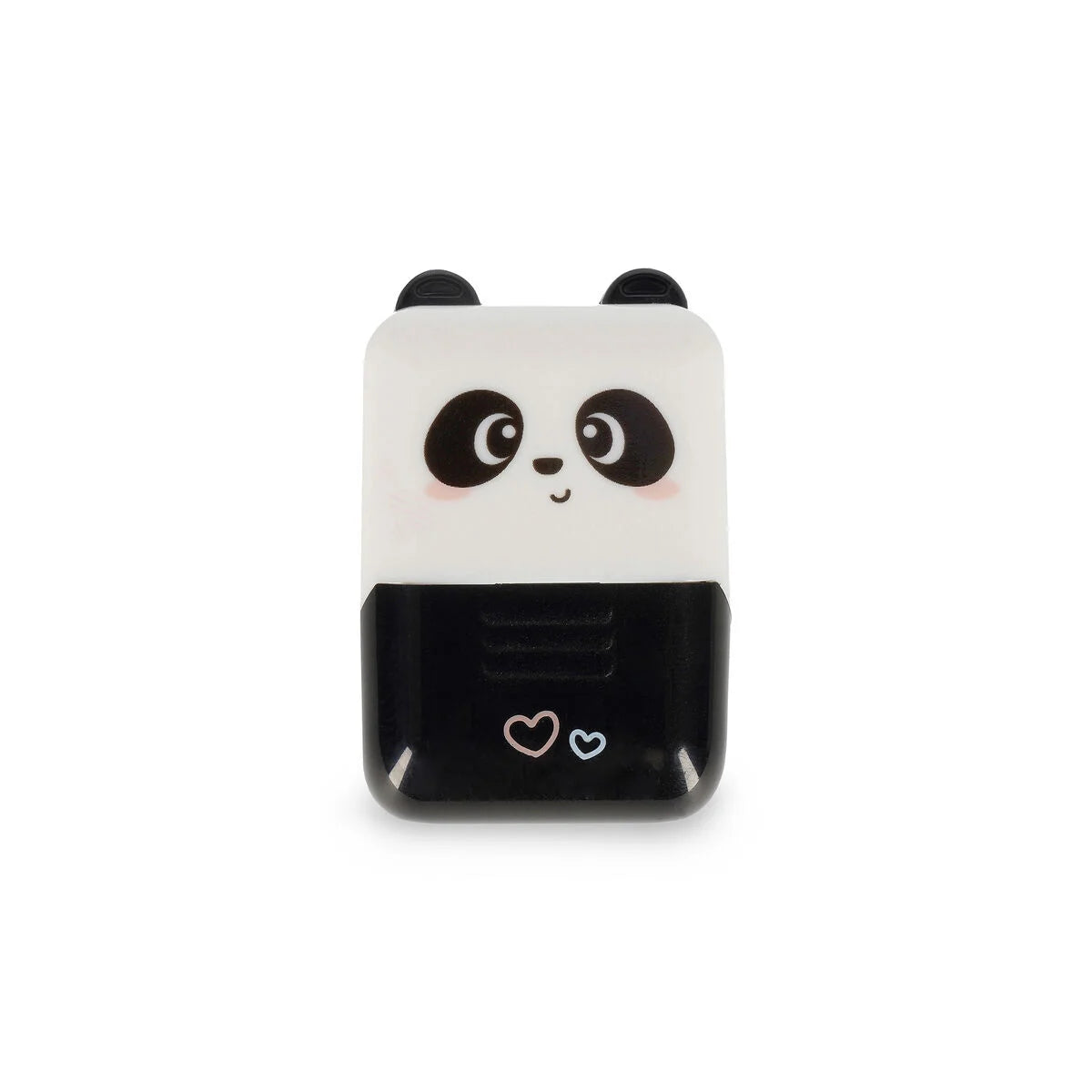 Panda-shaped roller stamp with a white face and black body on a white background