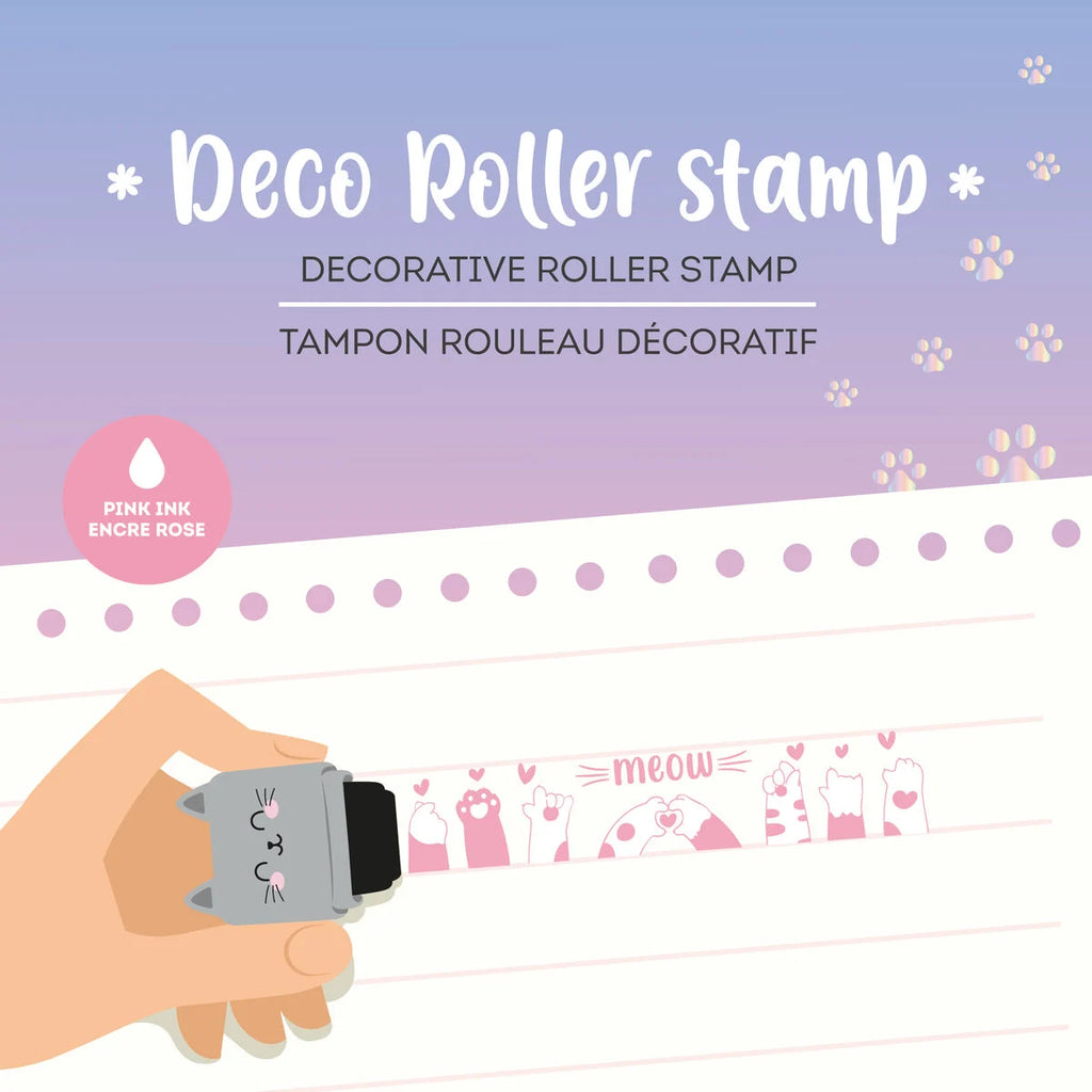 Decorative roller stamp with pink ink pad and cat design on a white background