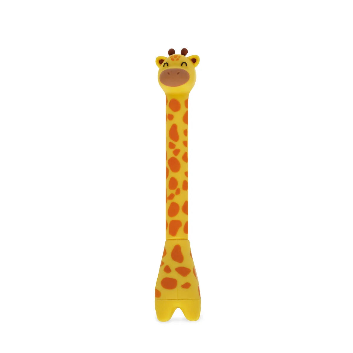 Giraffe-shaped ballpoint pen with base on a white background