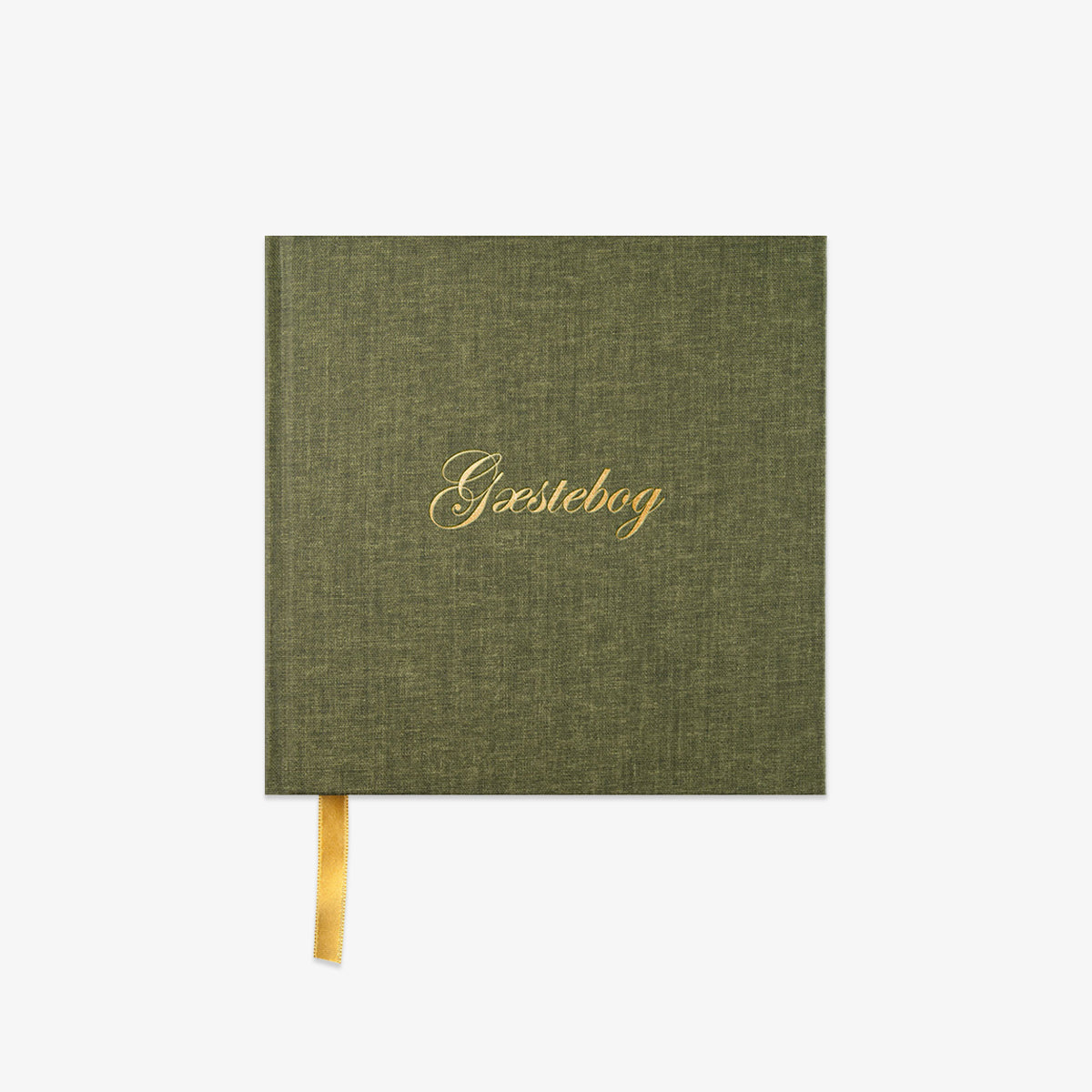 Green notebook with gold text on a white background