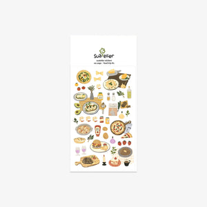Sheet of food-themed stickers with Suatelier branding on a white background