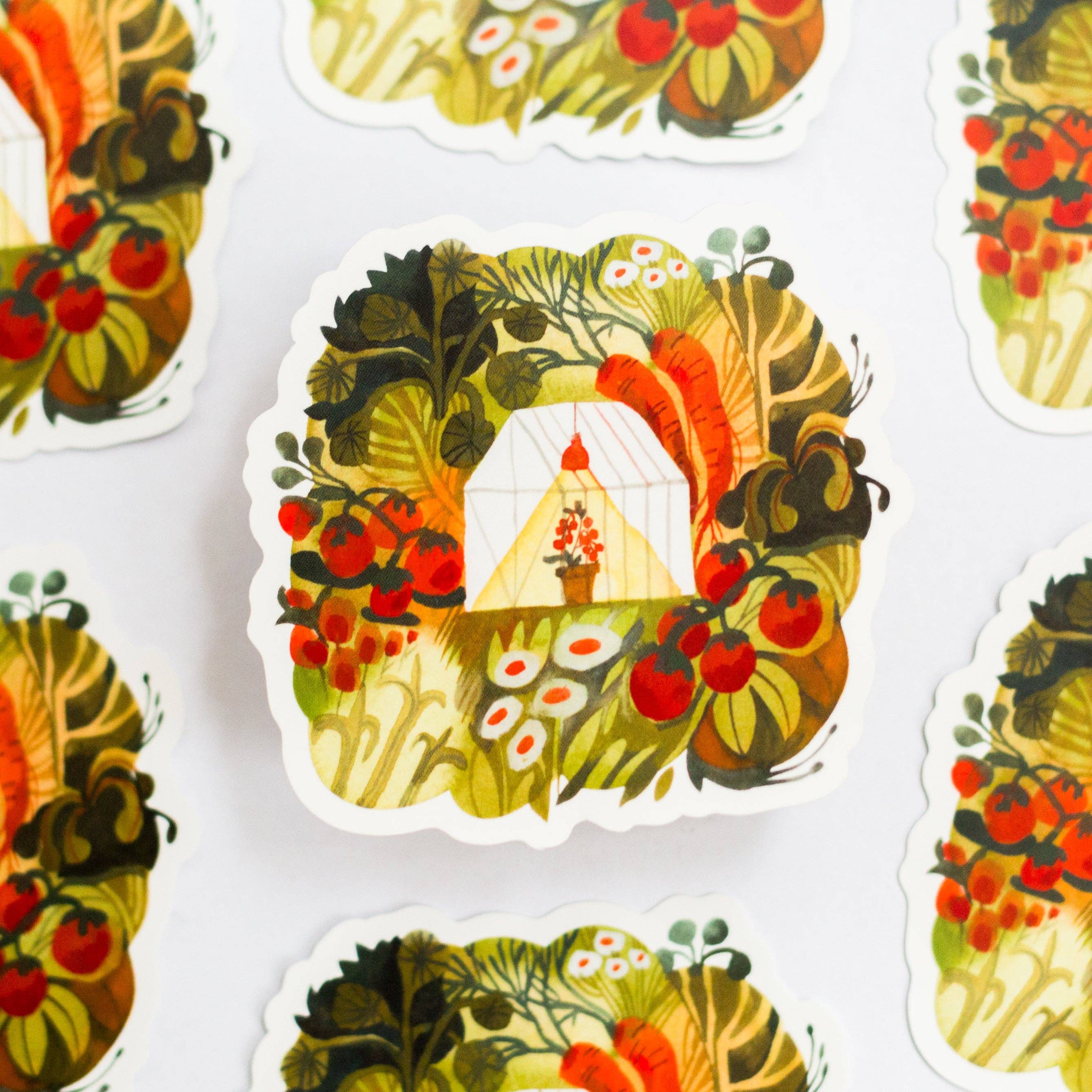 Decorative stickers with vintage-style designs featuring nature and buildings on a white background.