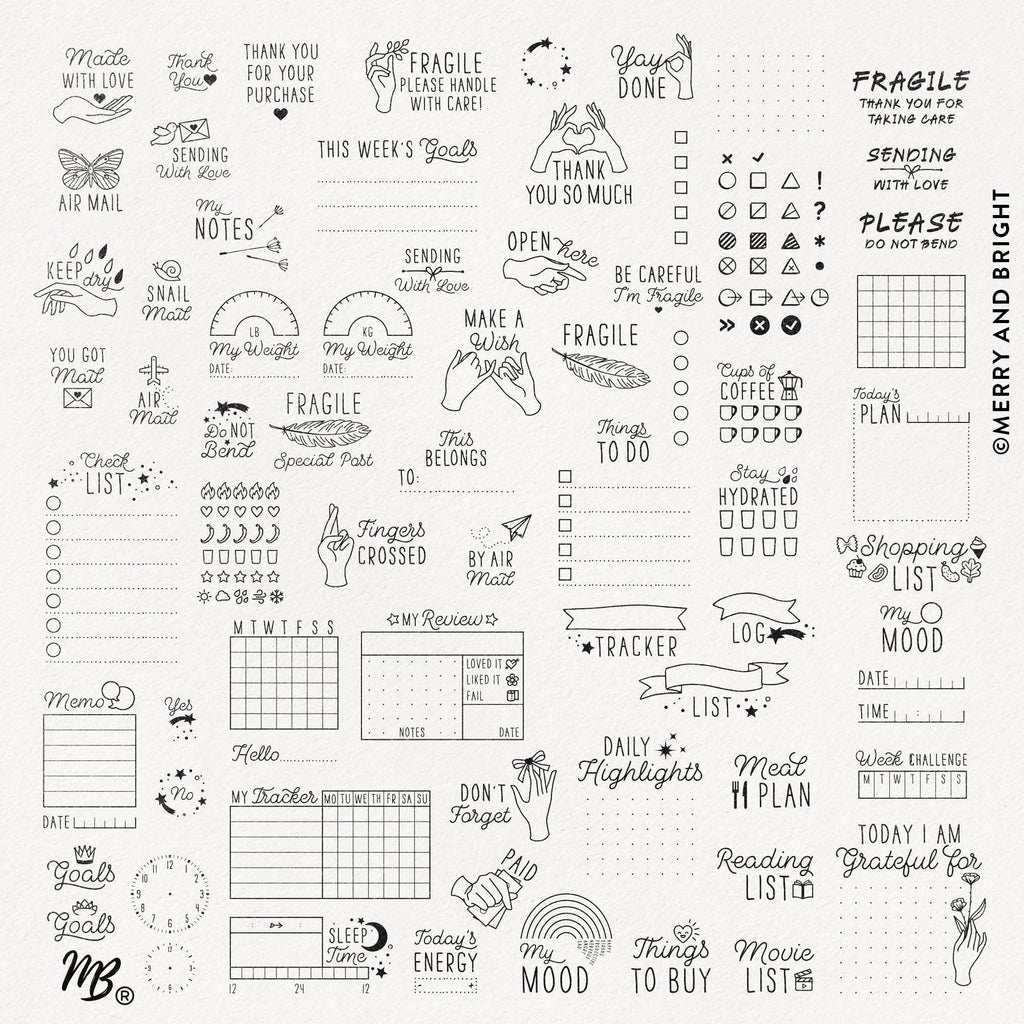 Collection of various stamp icons and text on a white background