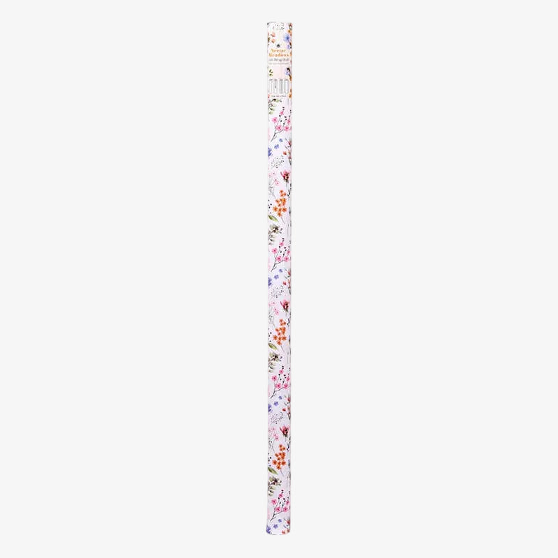 A long, narrow roll of wrapping paper with a white background and a dense, colorful floral and butterfly pattern, shown vertically against a plain white background.
